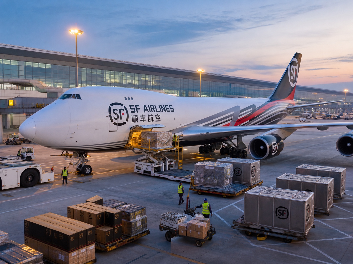 SF Airlines freighter loading outbound cargo at Ezhou Huahu Airport