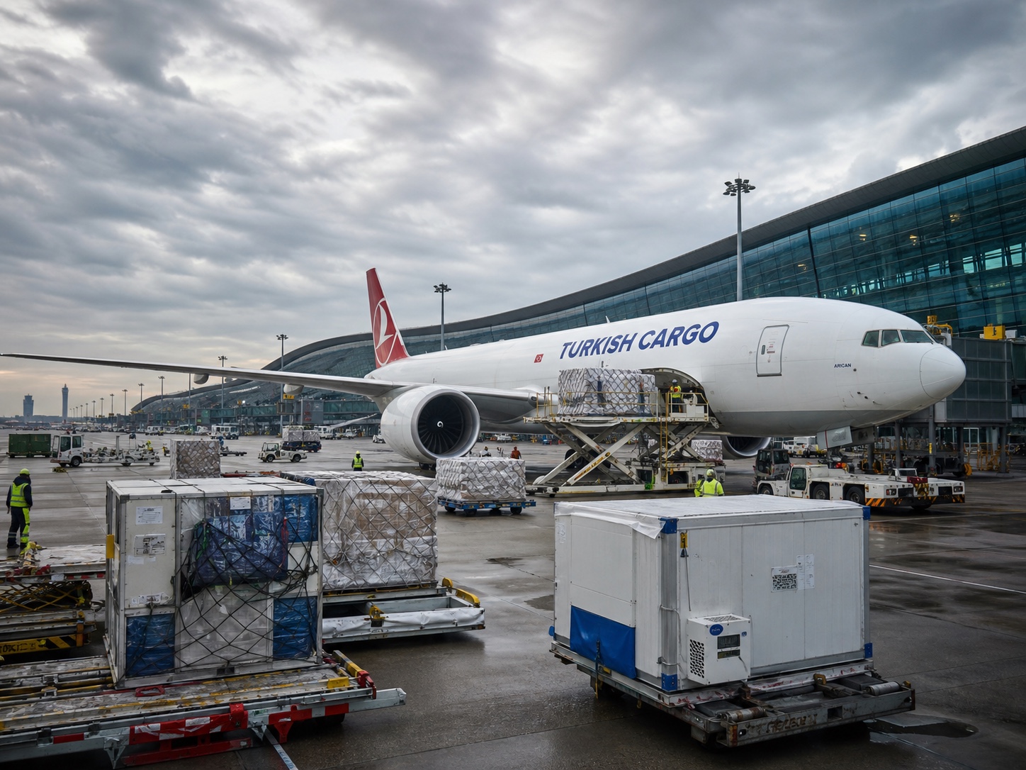 Turkish Cargo freighter handling high-value freight at Shanghai Pudong Airport