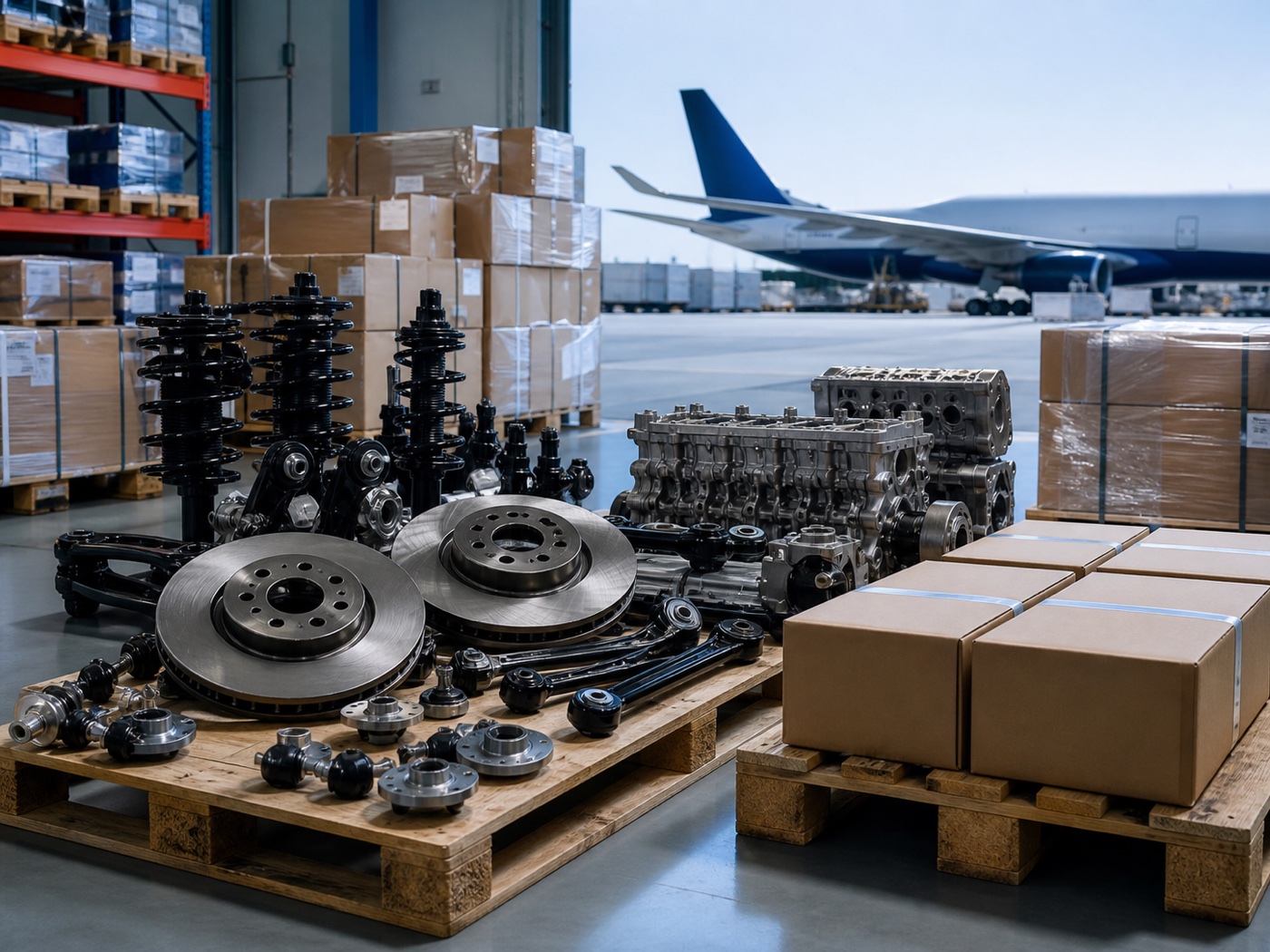 Automotive spare parts organized on pallets for international freight