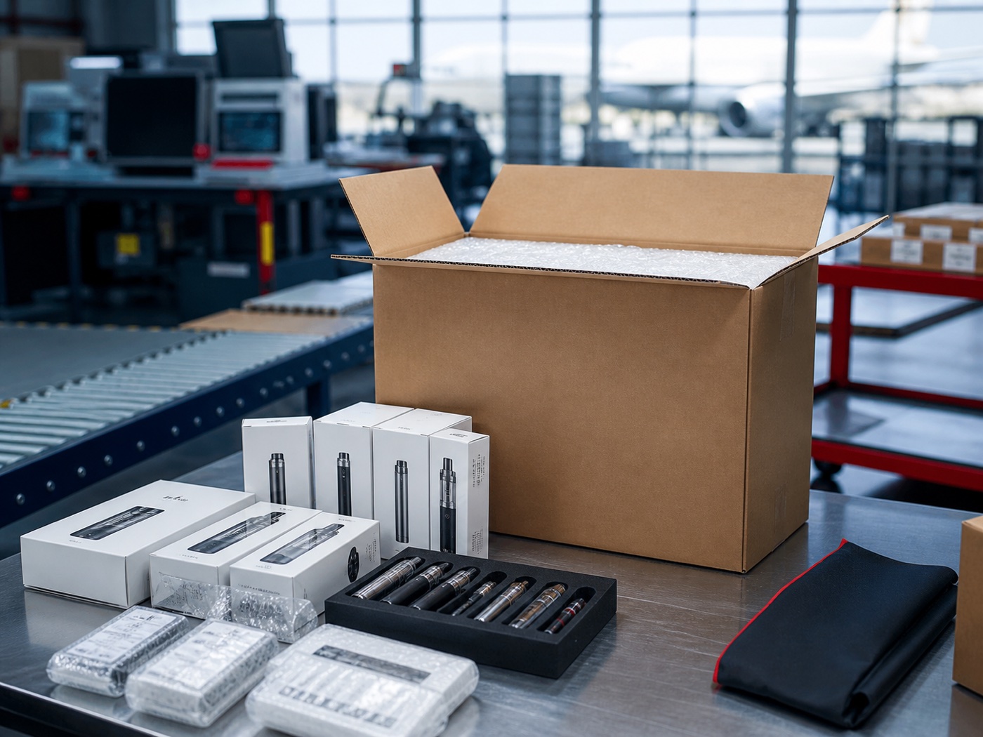 Packaged e-cigarette and vaping products prepared for international air freight