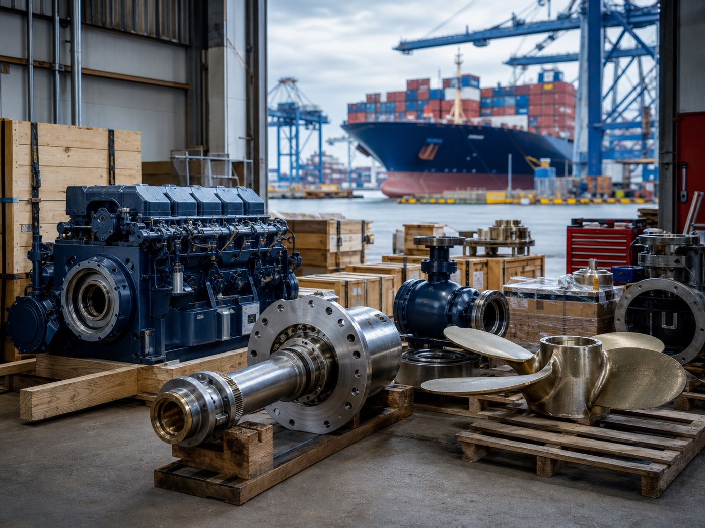 Marine engine and vessel spare parts prepared in a port warehouse