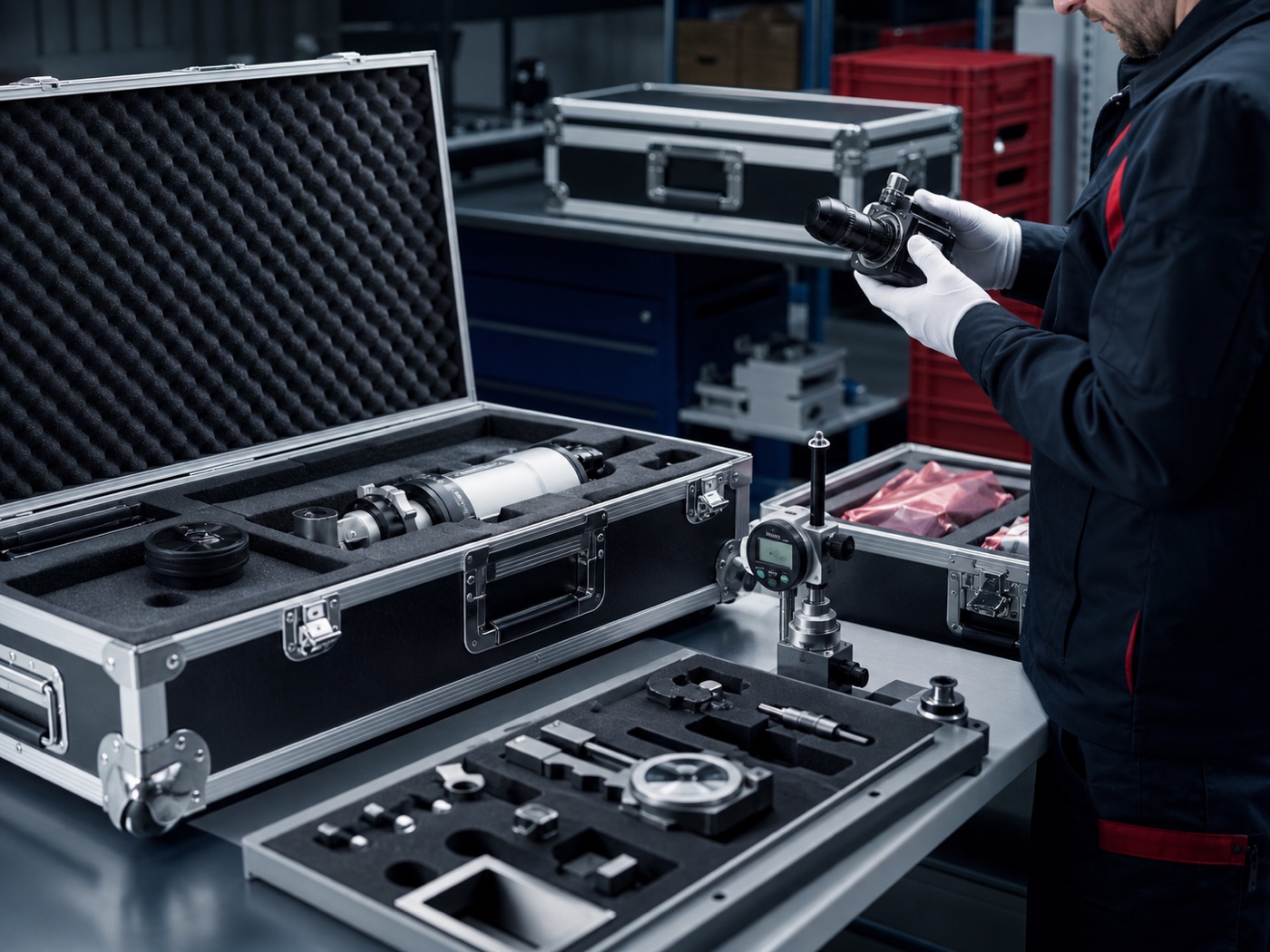 Precision instruments protected in foam-lined transport cases